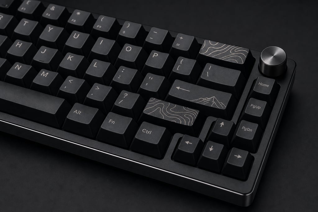 Close-up of an ergonomic mechanical keyboard with unique keycaps