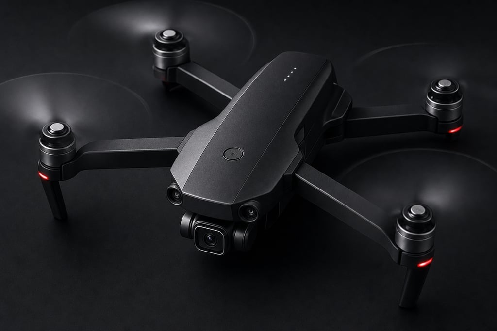 Zoomed-in capture of an advanced drone with propellers in motion