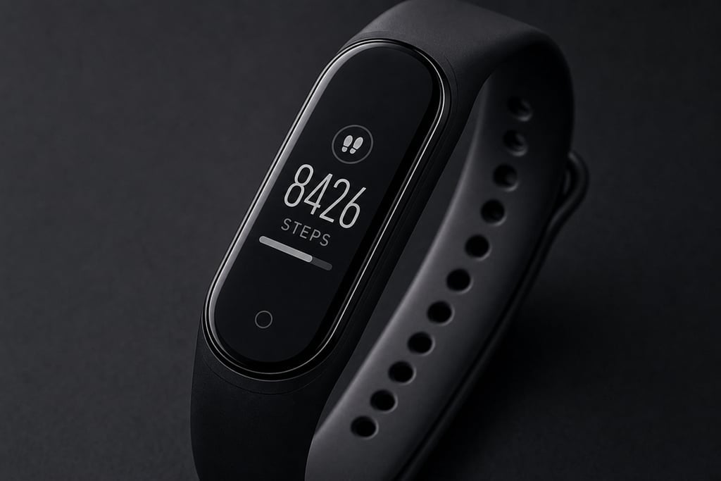 Detailed image of a sleek fitness tracker with its digital display showing steps