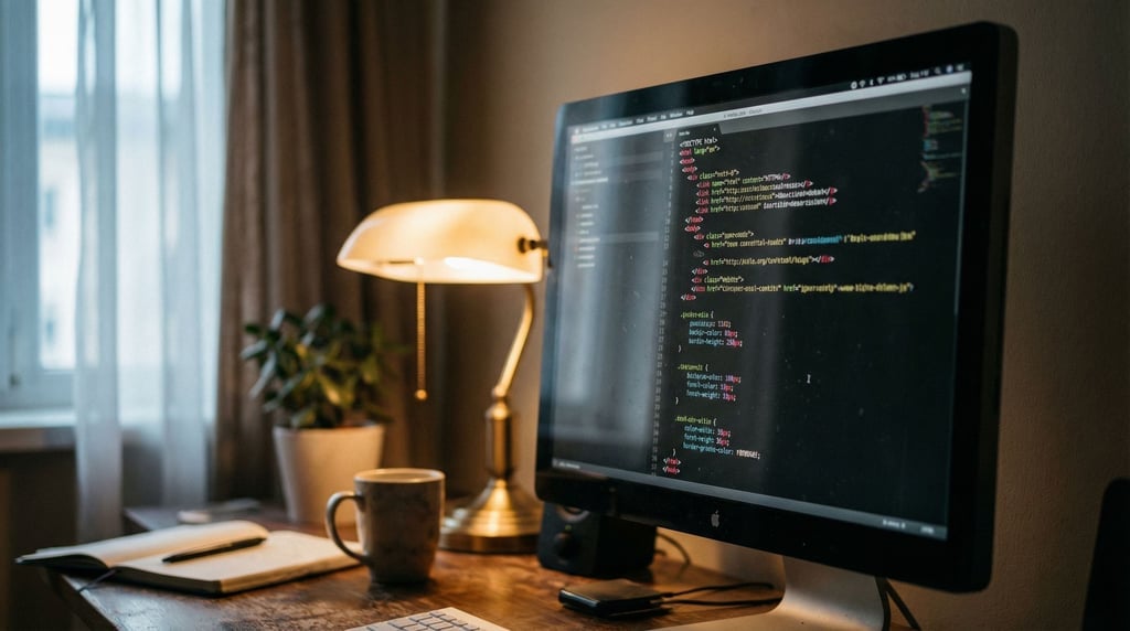 A monitor displaying code, shot from the side at an angle, ambient room light (jchiopxj)