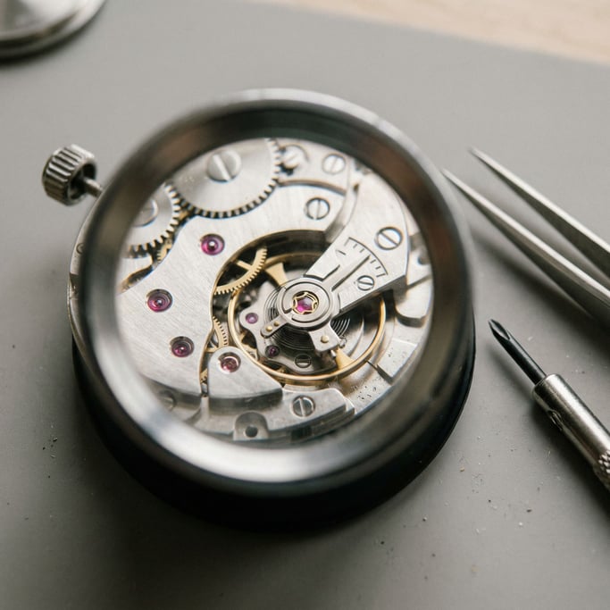 A mechanical watch movement under a loupe, gears and jewels in macro, horological precision (6shx0bk)