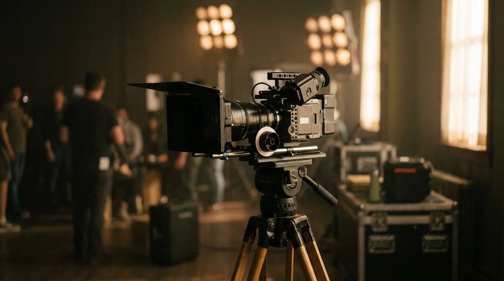 An anamorphic cinema lens on a camera rig, oval bokeh visible in the background, film set