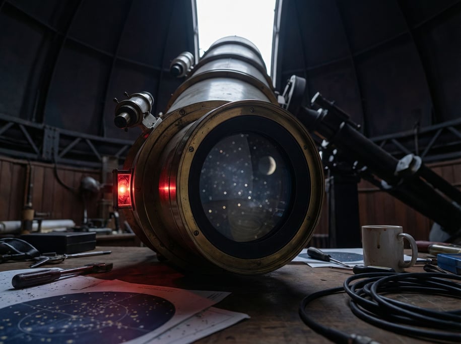 A telescope eyepiece with a star field reflected in the glass, observatory setting, red dim light (kf7k8np)