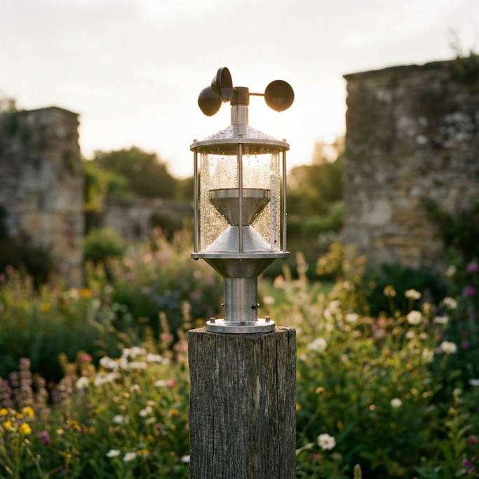 A weather station sensor mounted on a wooden post, rain droplets on the housing, garden setting (budgruf)