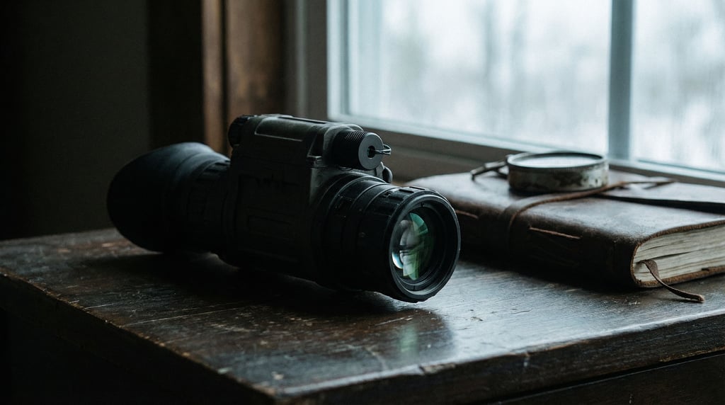 A night-vision monocular on a dark background, green-tinged lens reflection, tactical and moody (nxu8rsuj)
