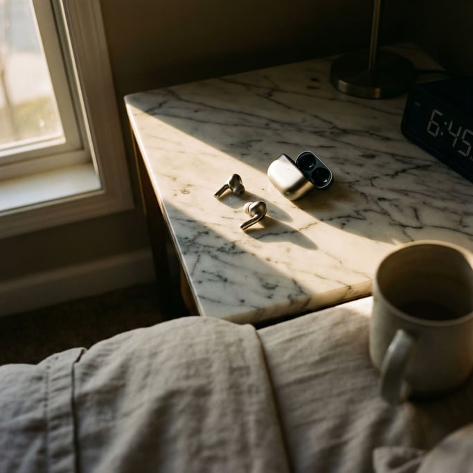 Earbuds spilling from their case onto a marble surface, morning light catching the metallic finish (cmj8lgo)