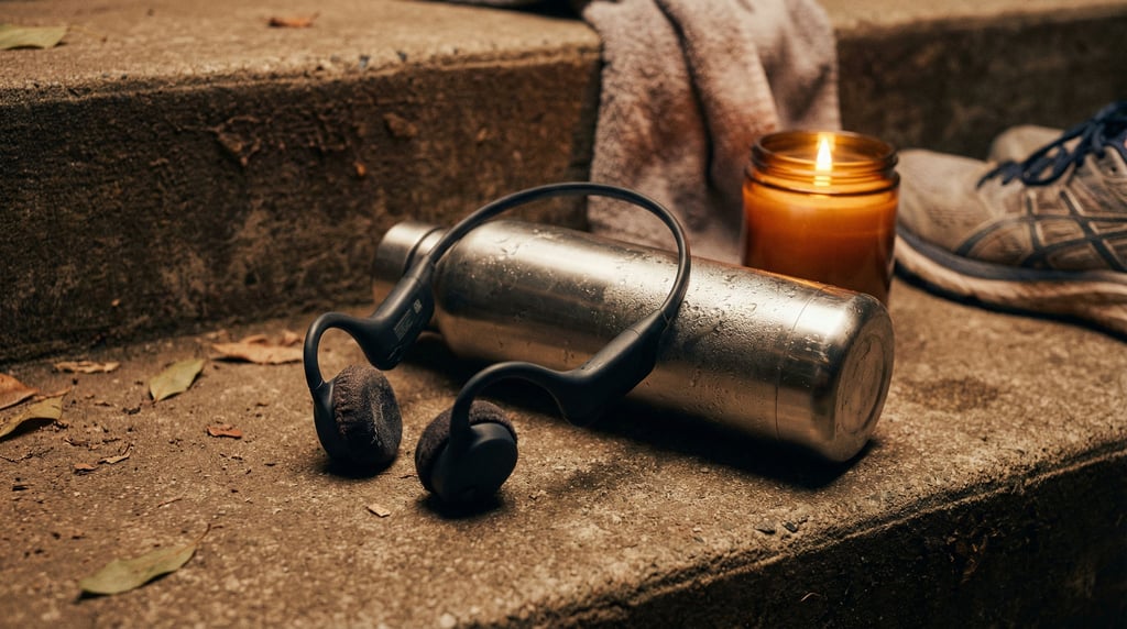 A pair of bone-conduction headphones draped over a water bottle, post-run setting, concrete steps (y7uqhsso)