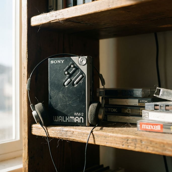 A vintage Walkman with foam headphones on a wooden shelf next to cassette tapes (hxci75d)