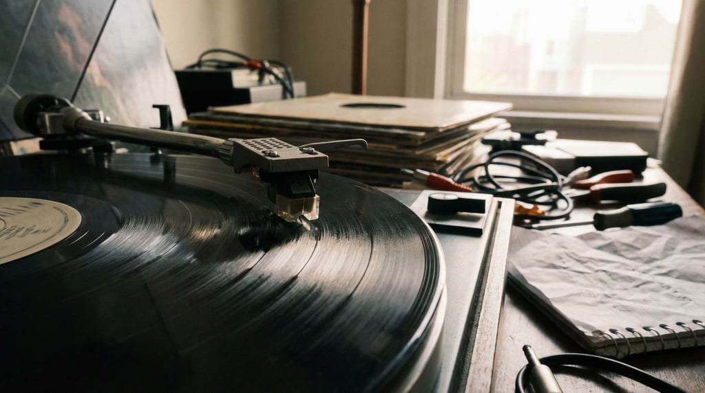 A turntable cartridge and stylus in extreme macro, diamond tip visible, vinyl grooves below (hblvdf2c)