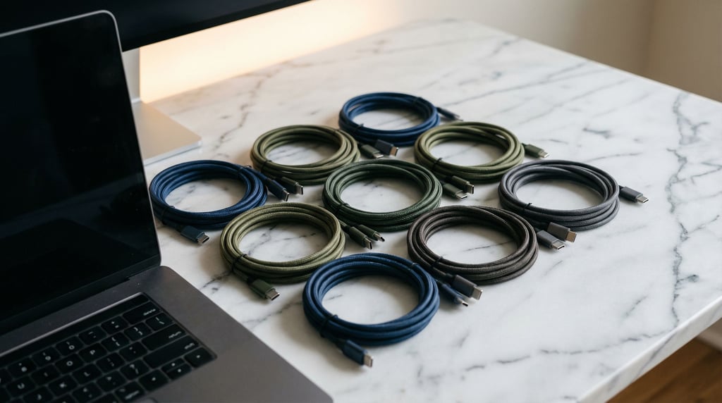 Coiled USB-C cables in different colors on a marble surface, geometric arrangement, overhead shot (wroewou2)