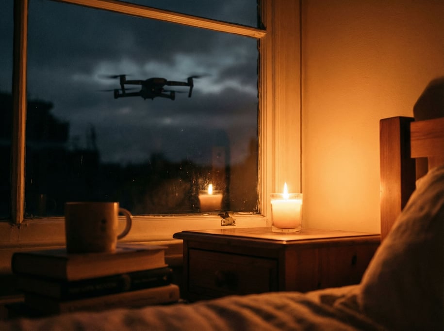 A drone mid-flight against an overcast sky, propellers blurred, body sharp, shot from below (vuhjhe7h)