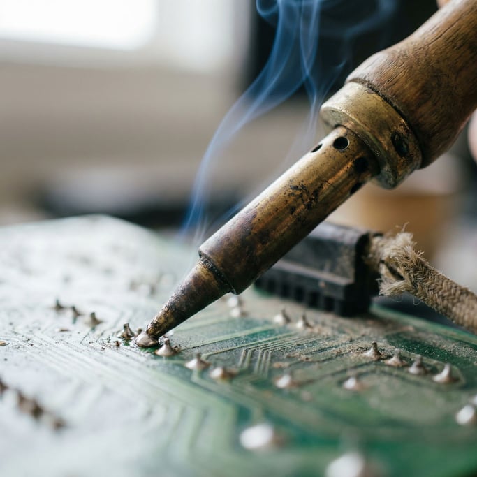 A soldering iron tip touching a circuit board, thin smoke curling up, macro detail on the joint (cvan)