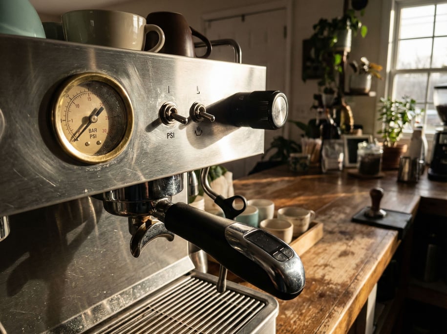 An espresso machine control panel in brushed steel, pressure gauge and switches (rhmtynsg)