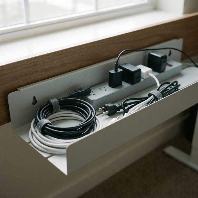 A cable management tray under a desk, neatly organized power strips and adapters, satisfying order (xhgl)