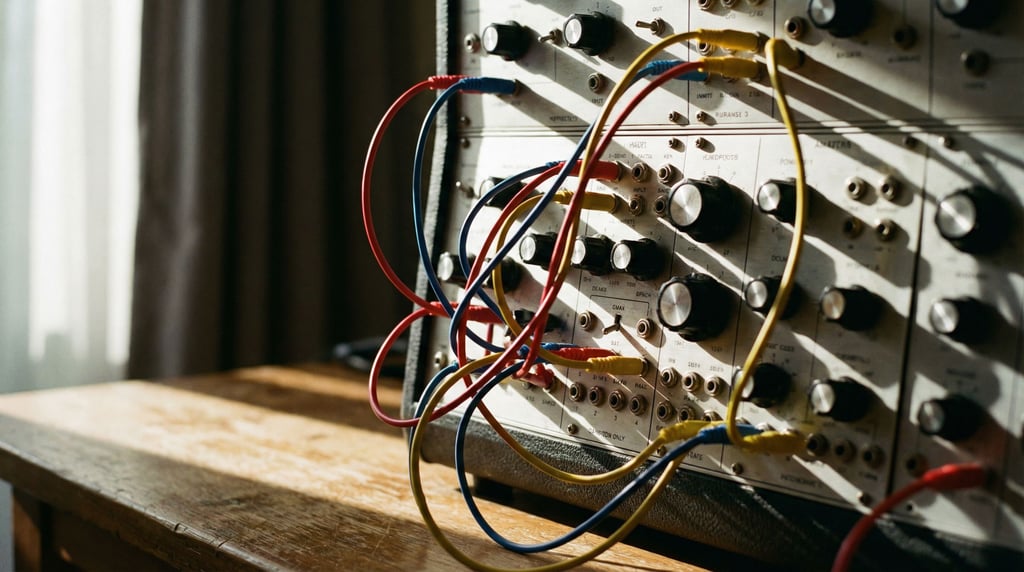 An analog synthesizer with patch cables tangled like colored vines, knobs and switches in macro (bhp4tboy)