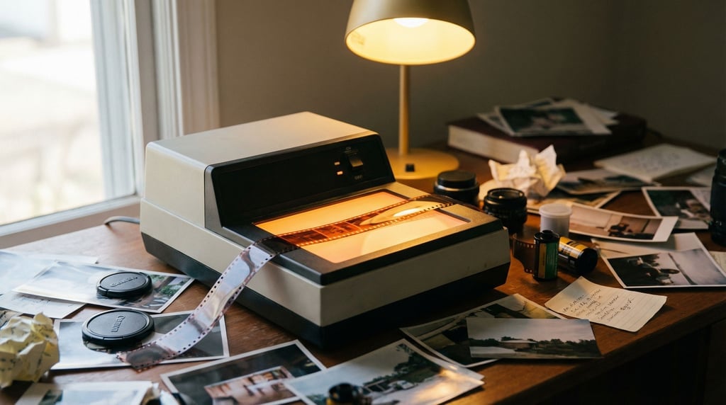 A film scanner with a strip of 35mm negatives threading through, orange glow of the light bed (ayj0udvm)