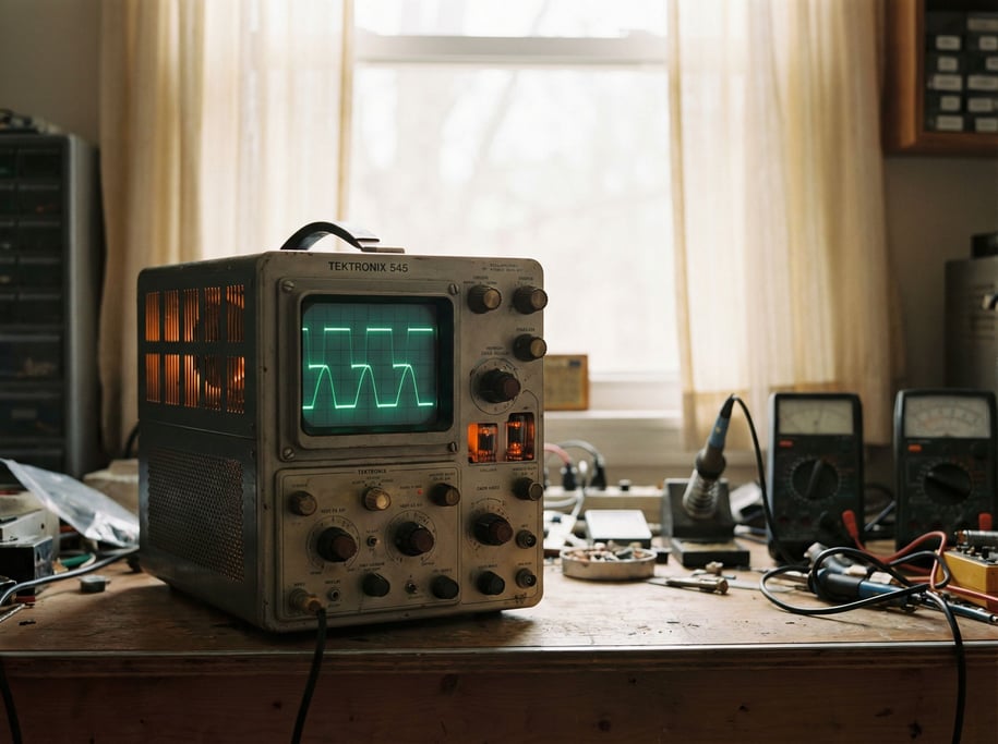 A vintage oscilloscope with green phosphor traces, warm tube glow, electronics workshop setting (n9dq7dsb)