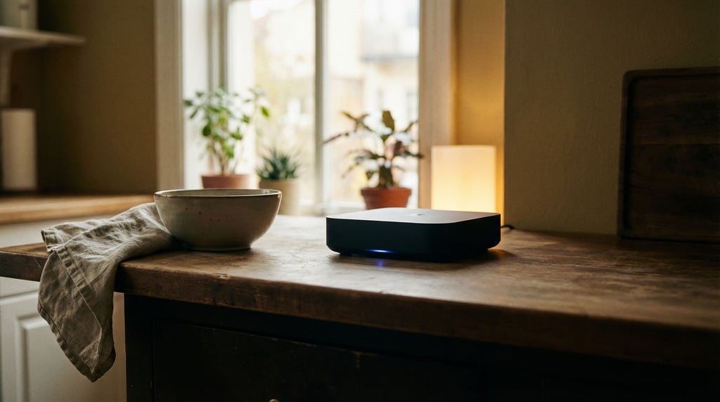 A smart home hub on a kitchen counter, status lights pulsing, integrated into daily life (gvkm0hve)