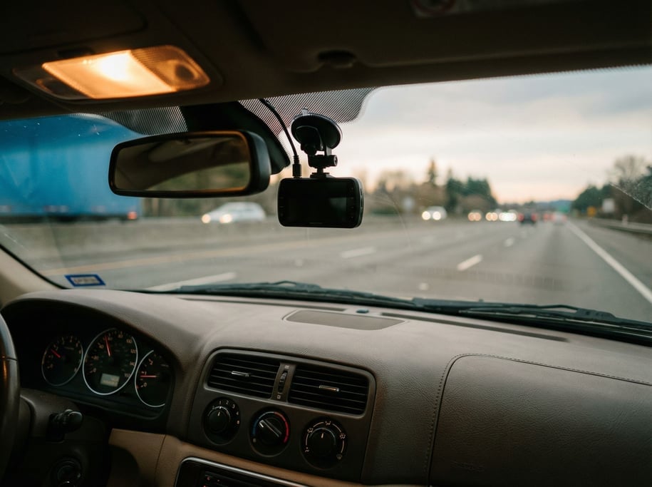 A dash cam mounted on a windshield, highway stretching ahead, dashboard details in foreground