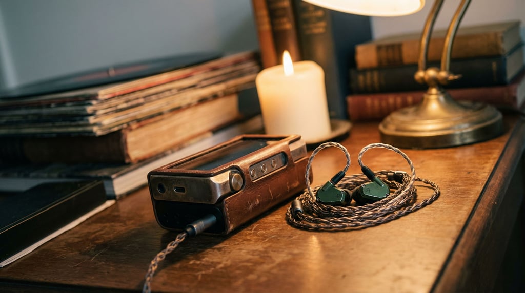 A portable DAC/amp stack connected to high-end earphones, audiophile desktop setup (h3c1hpmq)