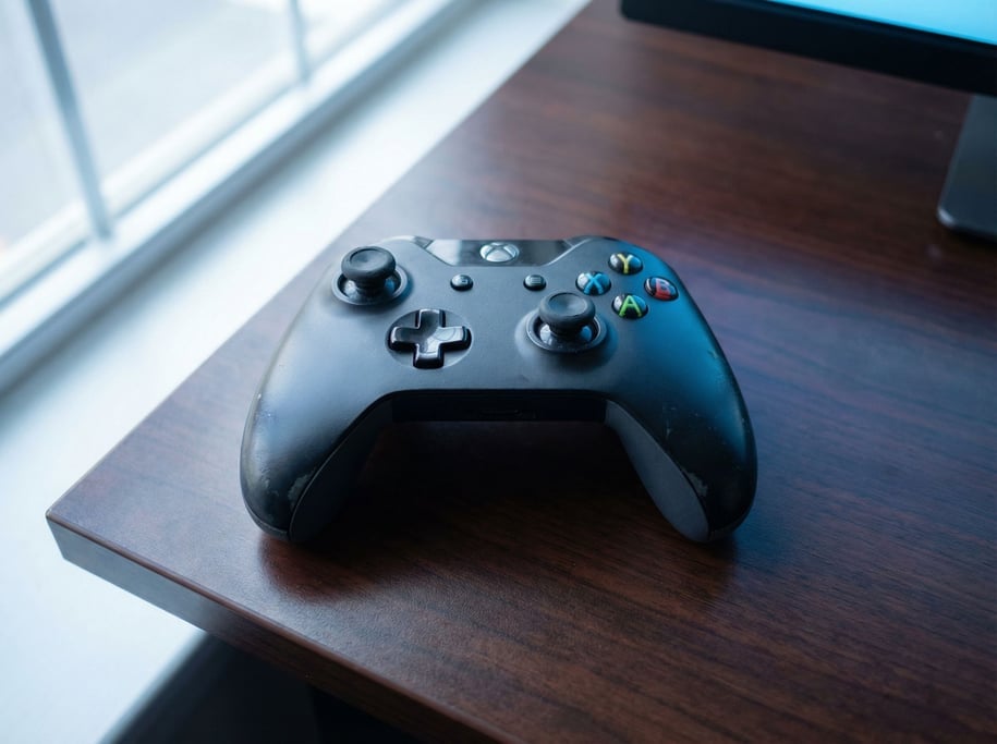 A gaming controller with worn thumbsticks on a dark wood desk, screen glow reflected in the buttons (h6lvg7v4)