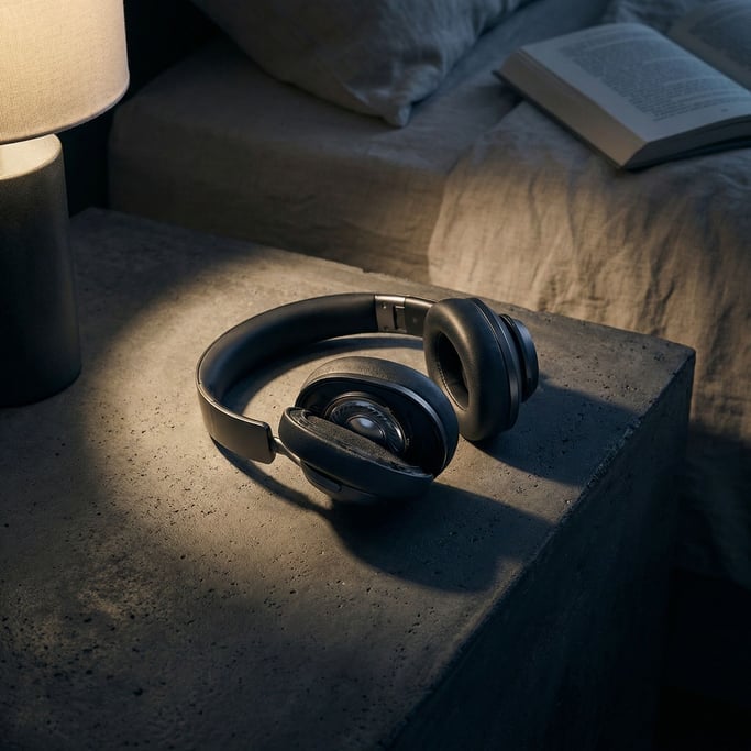 Wireless headphones resting on a dark concrete surface, one ear cup tilted (m81hw3o6)