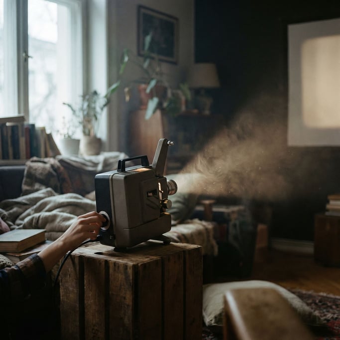 A projector throwing light into a dark room, dust visible in the beam, screen out of frame
