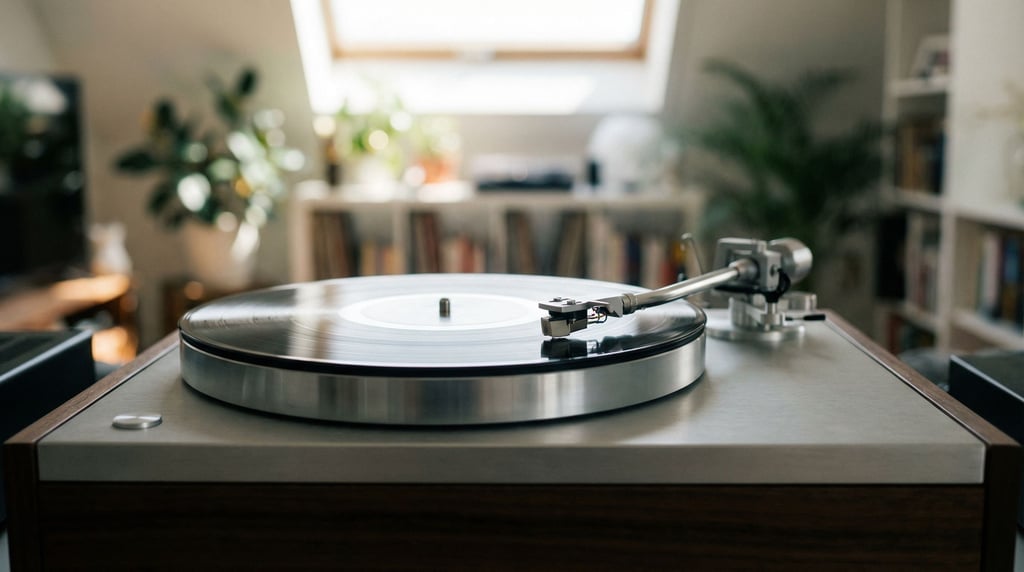 A record player with vinyl spinning, needle in the groove, soft bokeh from behind (frkfyasq)