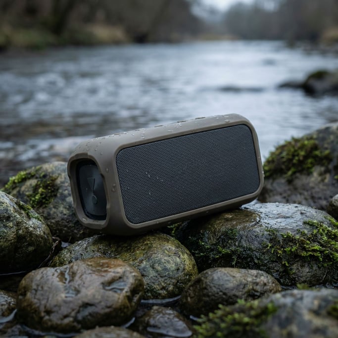 A portable Bluetooth speaker on wet river rocks beside a stream, outdoor ambient light (wndjdovt)