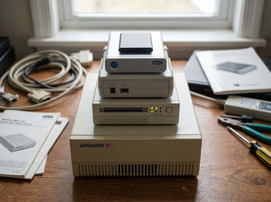 A stack of external hard drives on a desk, each a different era of design, technology archaeology (drlb)