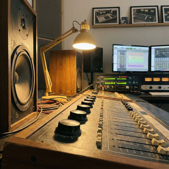 A pair of studio monitor speakers flanking a mixing desk, volume knobs in sharp focus (wdmjilp1)