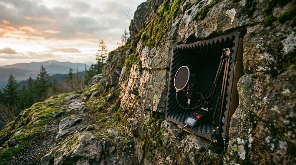 A microphone in a vocal booth, pop filter in front, foam walls behind, red recording light on