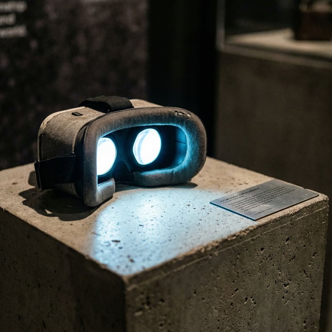 A VR headset resting on a concrete pedestal like a museum piece, single overhead spotlight