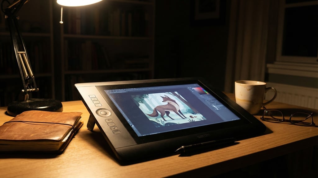 A graphics tablet and stylus on a designer's desk, screen showing digital illustration in progress