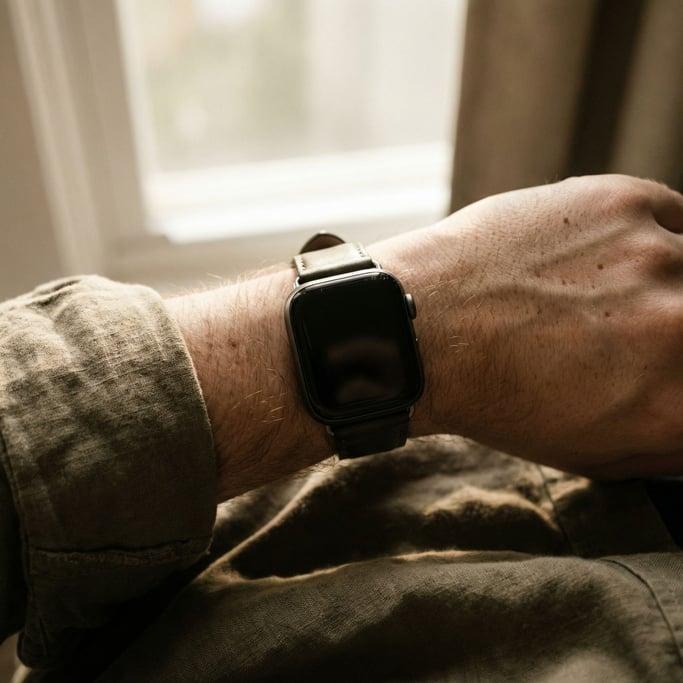 A smartwatch on a bare wrist, natural light, skin texture visible, intimate and personal (b0km6)