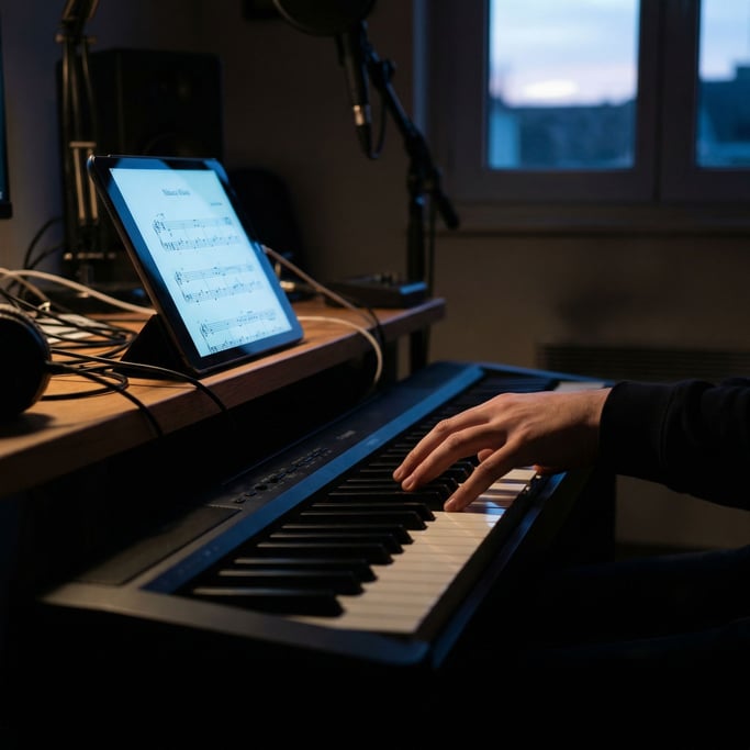 A digital piano keyboard, fingers mid-chord, sheet music on the tablet above, home studio