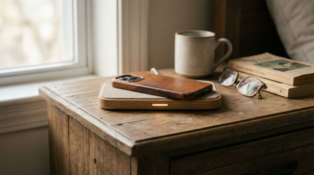 A wireless charging pad with a phone resting on it, soft LED indicator glowing, nightstand setting