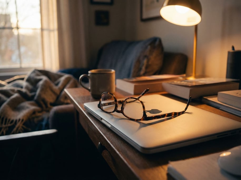 A pair of reading glasses resting on a closed laptop, late afternoon window light (by9xkpby)