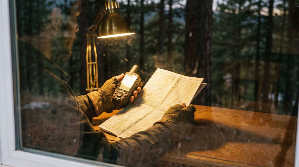 A handheld GPS unit on a topographic map, forest setting, explorer's hands holding both