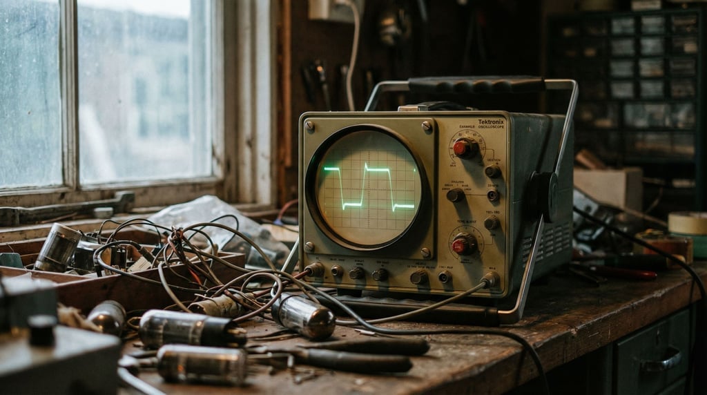 A vintage oscilloscope with green phosphor traces, warm tube glow, electronics workshop setting