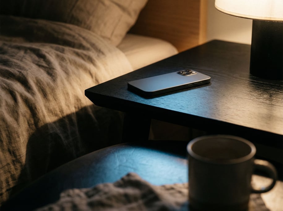 A smartphone face-down on a matte black table, screen glow casting a faint cool reflection upward (pmjjtx4m)