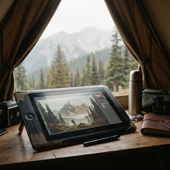 A graphics tablet and stylus on a designer's desk, screen showing digital illustration in progress (bh2bupoq)