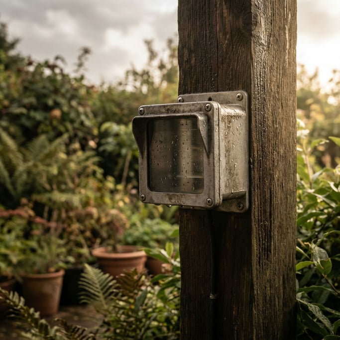 A weather station sensor mounted on a wooden post, rain droplets on the housing, garden setting (bofj)