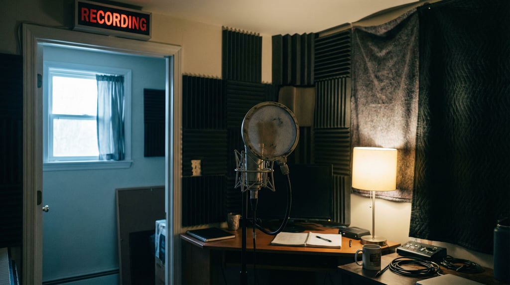 A microphone in a vocal booth, pop filter in front, foam walls behind, red recording light on (8wayhtht)
