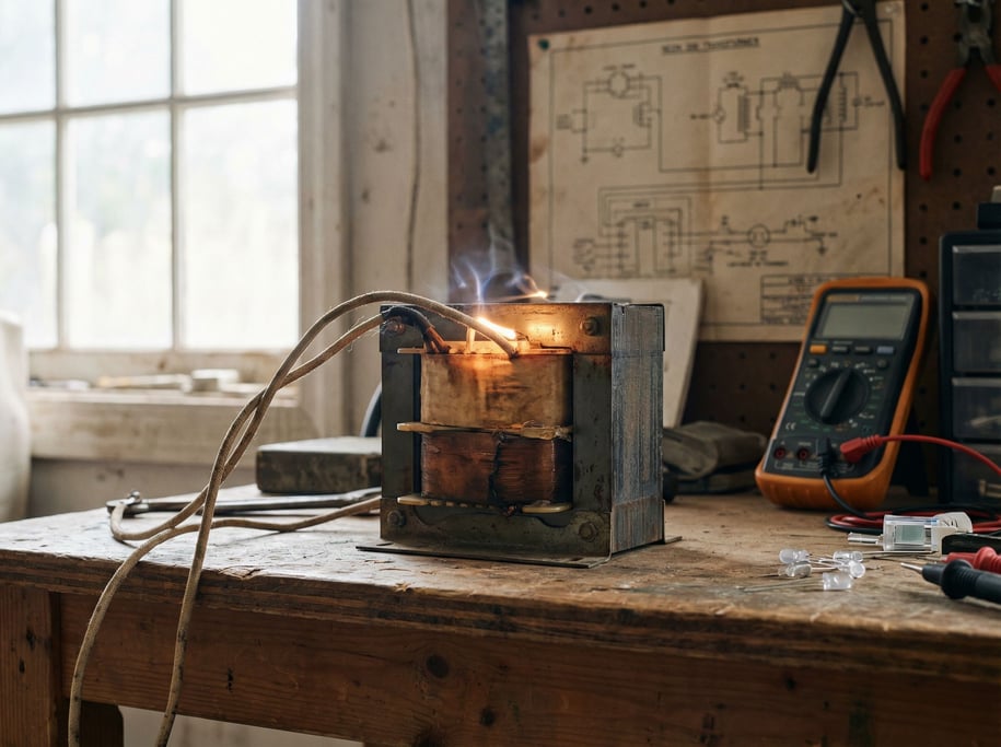 A vintage neon sign transformer with exposed wiring, buzzing with electricity, warm amber glow