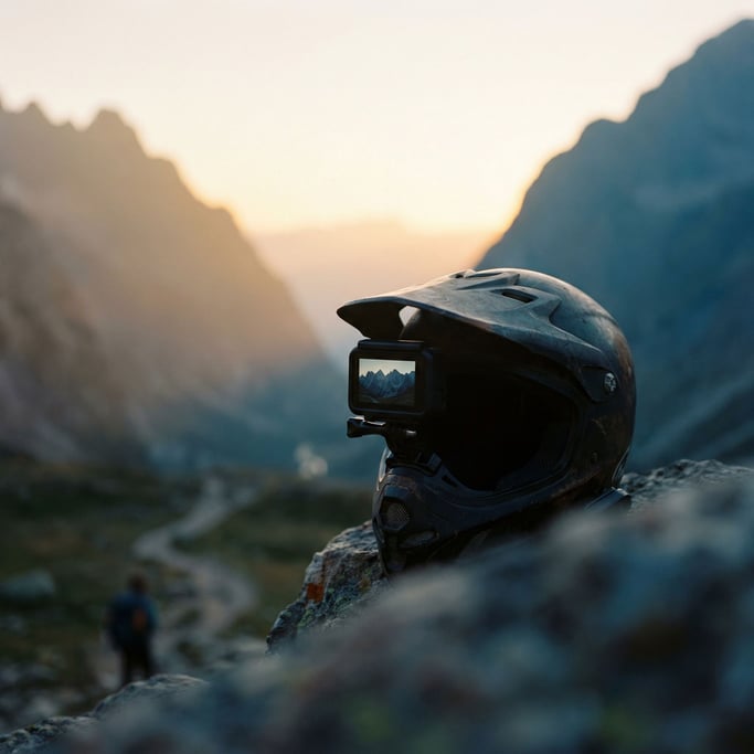 An action camera mounted on a helmet visor, reflection of mountains in the lens, adventure context (hsbjdrvl)