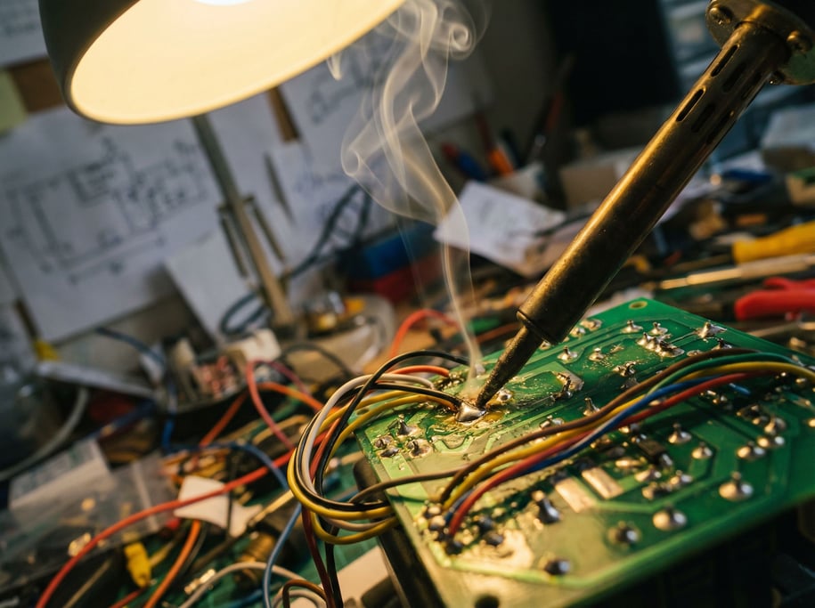 A soldering iron tip touching a circuit board, thin smoke curling up, macro detail on the joint