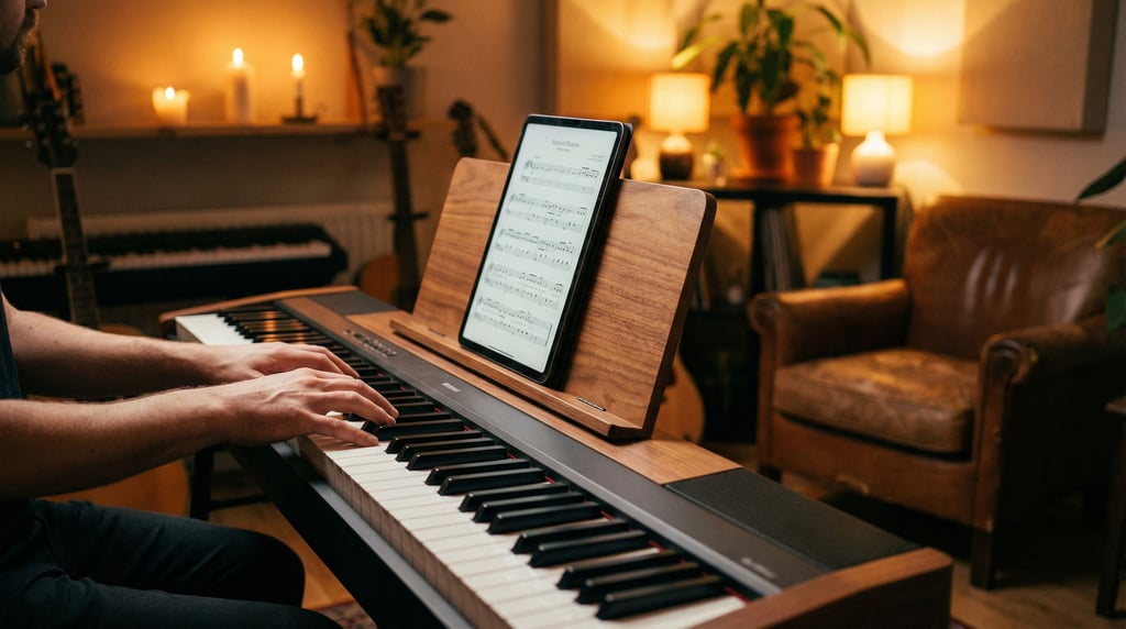 A digital piano keyboard, fingers mid-chord, sheet music on the tablet above, home studio (o8sttysl)