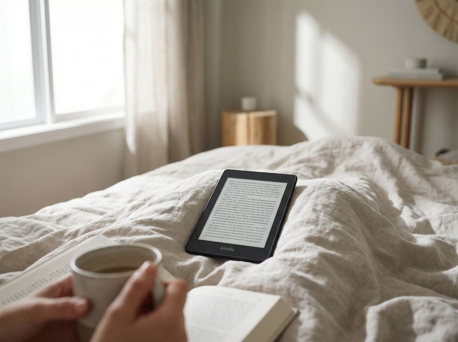 An e-reader on rumpled bed sheets, morning light from a nearby window, lived-in scene (cpnwkopf)