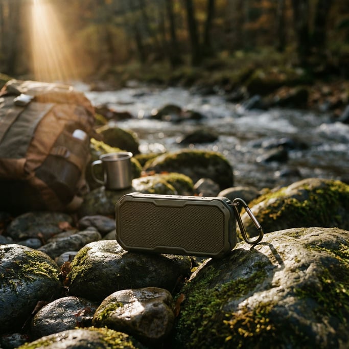 A portable Bluetooth speaker on wet river rocks beside a stream, outdoor ambient light (i7cvzbv)